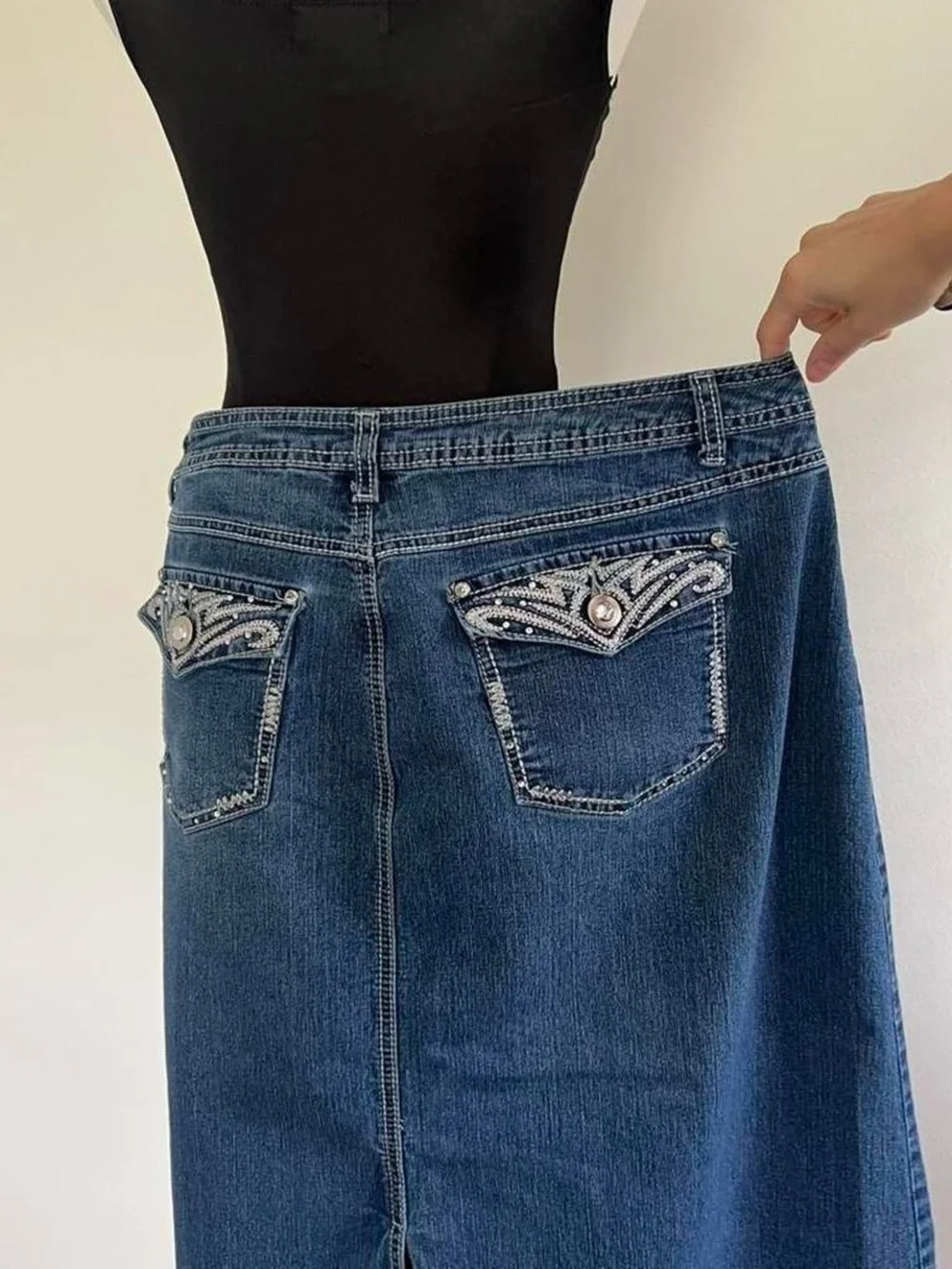 Cato blue Denim maxi Skirt rhinestone pockets